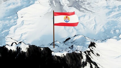 3D rendering of French Polynesia's flag, featuring red and white horizontal bands with a central emblem of a Polynesian outrigger canoe under a golden sun and blue waves, gracefully waving atop a trop