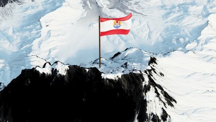 3D rendering of French Polynesia's flag, featuring red and white horizontal bands with a central emblem of a Polynesian outrigger canoe under a golden sun and blue waves, gracefully waving atop a trop