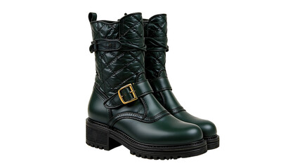 Green leather boots buckle ankle fashion footwear stylish quilted design trendy elegant outdoor chic winter on transparent background