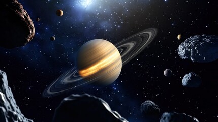 Stunning View of Saturn Surrounded by Asteroids in Deep Space