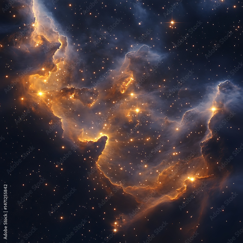 Poster a majestic star-forming region with dynamic light patterns and glowing cloud textures.