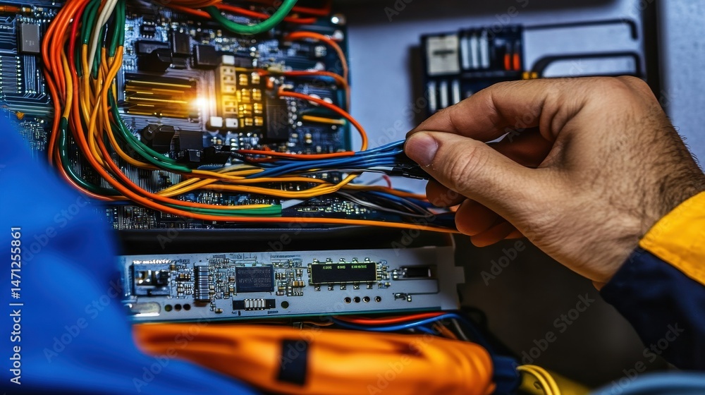 Poster hands connecting wires inside computer hardware system cabinet