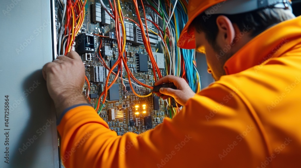 Poster technician working on circuit board with colorful wires and lights