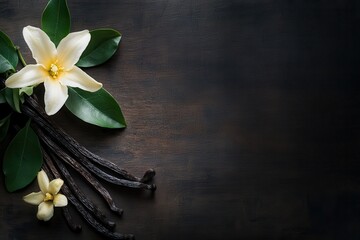 Fototapeta premium Vanilla pods and blossoms on dark wood