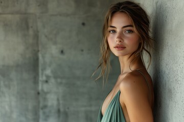 Naklejka premium A young woman with light brown hair and freckles poses against a textured concrete wall wearing a sage green dress.