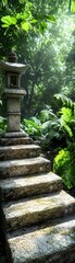 Obraz premium Stone Steps Leading into a Lush Green Forest with a Stone Lantern