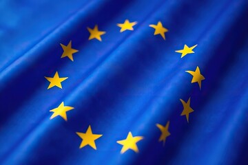 Close-up shot of the European Union flag, showing the twelve gold stars on a blue background , flagpole, official, Europe