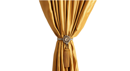 Png of Elegant golden curtain draped beautifully with a decorative tieback featuring tassels, exuding luxury and warmth.