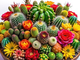 Vibrant Cactus Bouquet Panoramic View, Desert Botanical Art, Colorful Succulents