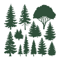 Fototapeta premium Pine tree silhouettes. Evergreen forest firs and spruces black shapes, wild nature trees templates.