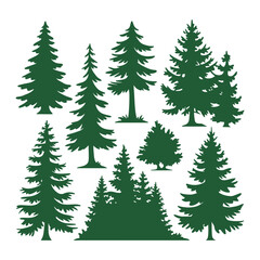 Pine tree silhouettes. Evergreen forest firs and spruces black shapes, wild nature trees templates.