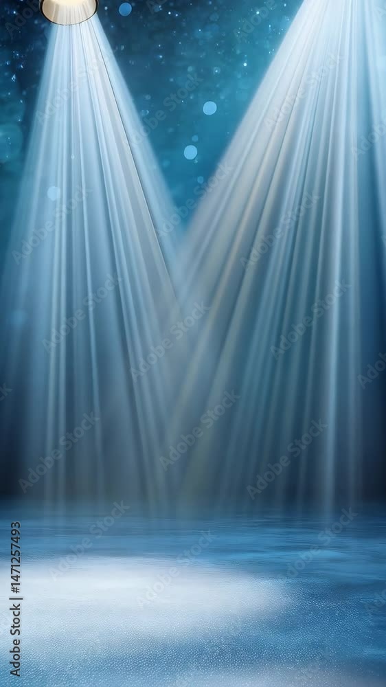 Aufkleber two bright spotlights shining down onto a dark blue stage with blurred sparkling bokeh and a floor w