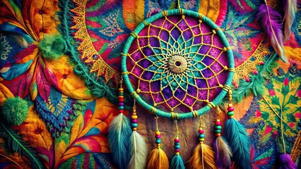 Dreamcatcher Boho Aerial Photography on Vintage Fabric - AI Art
