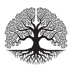 Fototapeta premium Black tree silhouette with roots and leaves.