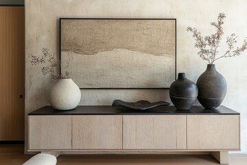 Neutral-toned styling on modern sideboard with textured art and concrete vases