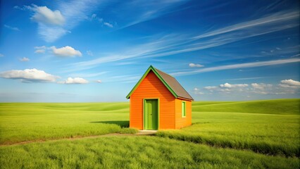 Obraz premium Vibrant Green House, Striking Orange Door - Open Landscape Photography