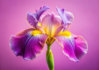 Fototapeta premium Vibrant Iris Flower, Purple and Yellow on Pink Background, Product Photography