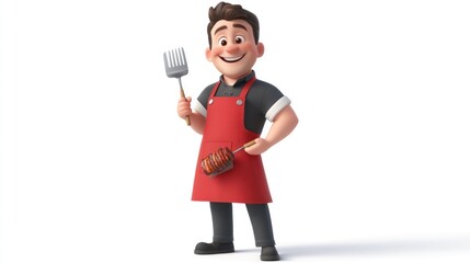 Cartoon chef holding spatula and grilled food