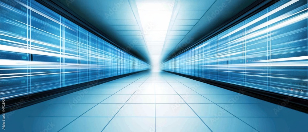 Poster data center server room perspective view showing data transfer in motion futuristic modern style