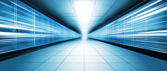 Data Center Server Room Perspective View Showing Data Transfer in Motion Futuristic Modern Style