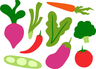 A playful collection of hand-drawn vegetable illustrations featuring a variety of shapes and colors. Ideal for healthy food themes, kitchen decor, and organic design concepts.