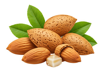 Fresh whole almonds with natural brown skin and green leaves isolated on transparent background.
