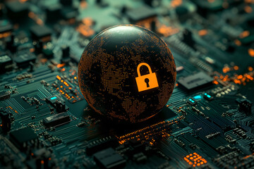 Cybersecurity Concept with Globe and Lock Symbol on Circuit Board Background