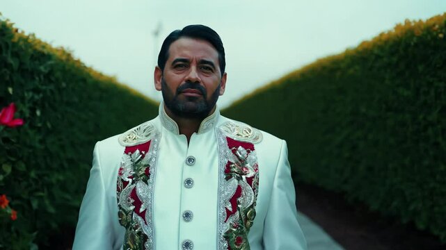 The camera slowly zooms in as a contemplative 53-year-old black man in a mexican charro suit walks confidently, facing the camera, along a quiet garden path