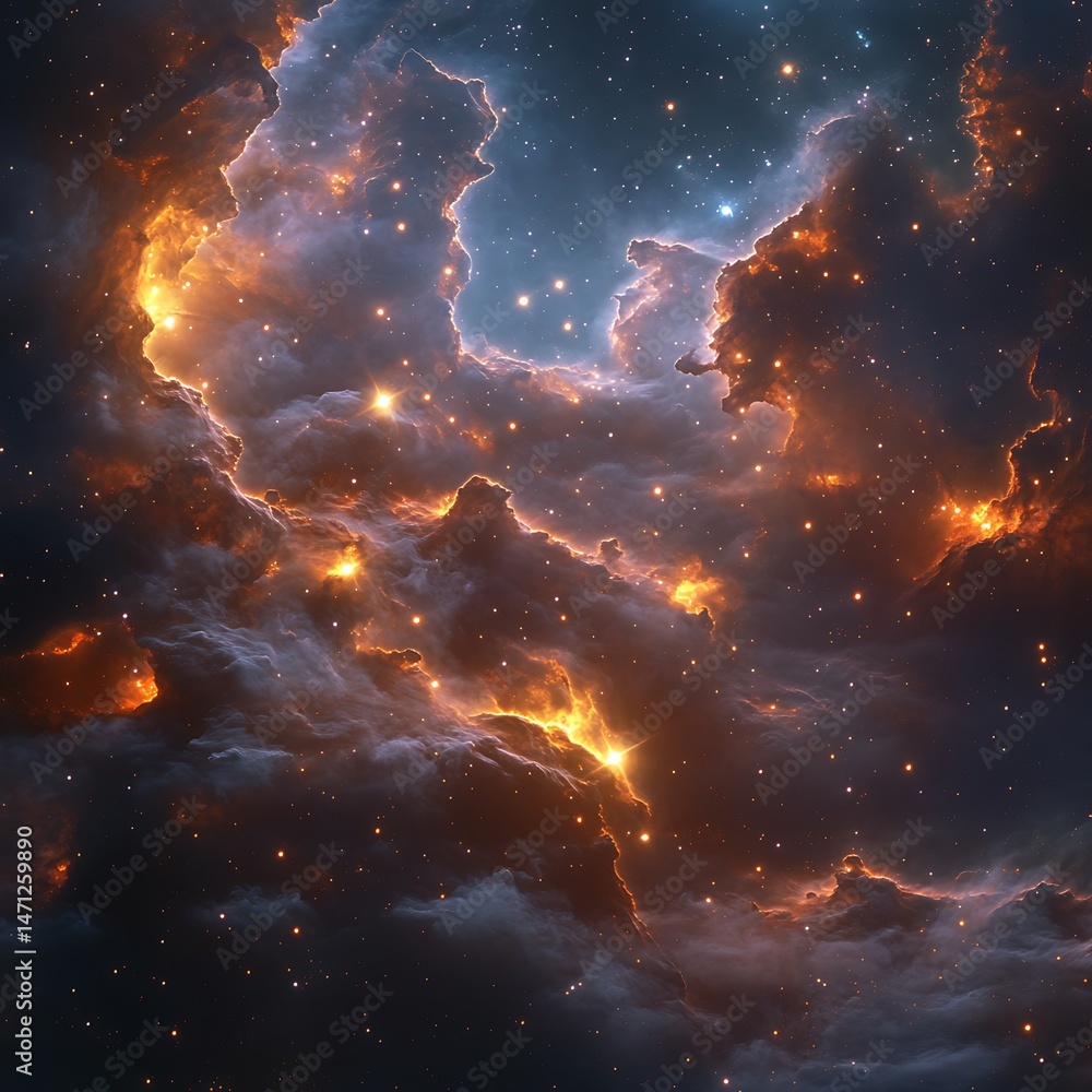 Sticker a majestic star-forming region with dynamic light patterns and glowing cloud textures.