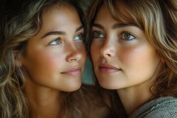 Close-up portrait of two young women with similar features, showcasing their beauty and natural looks.