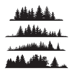 Pine tree silhouettes. Evergreen forest firs and spruces black shapes, wild nature trees templates.