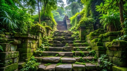Moss-Covered Stone Steps in Lush Jungle