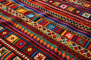 Vibrant Vintage Arabian Bedouin Rug, Knitted Wool Pattern, Food Photography Style