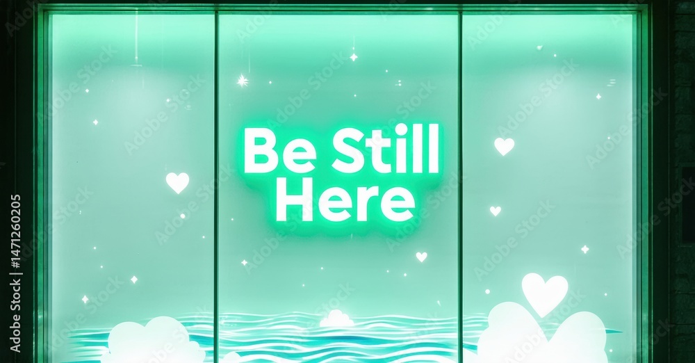 Fototapete window display shows text be still here with hearts, clouds, wavy line. teal color scheme creates ca