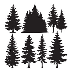 Obraz premium Pine tree silhouettes. Evergreen forest firs and spruces black shapes, wild nature trees templates.