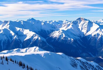 Fototapeta premium Majestic snow-capped peaks, pristine winter landscape, breathtaking panorama, peaks, forest