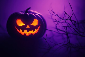 A glowing jack o lantern with a spooky face in a dark purple halloween night scene with bare branches