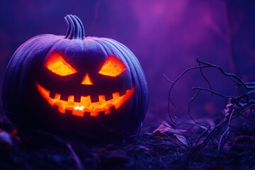 Fototapeta premium Illuminated jack o lantern with a spooky smile in a dark purple halloween night scene outdoors