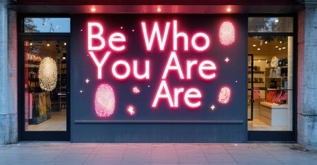Fototapeta premium Shopfront displays bright neon sign reading Be Who You Are Are. Fingerprint motifs flank text, illuminating entrance. Retail space visible inside.