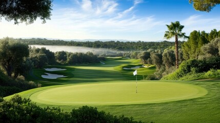 Naklejka premium Serene Golf Course Landscape Under Clear Blue Skies and Lush Trees