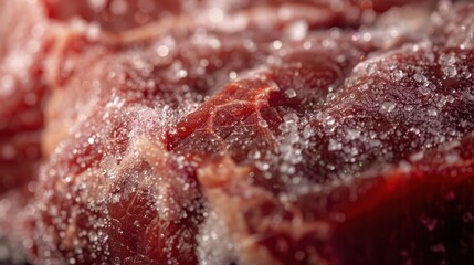 Obraz premium Close-Up of Coarse Sea Salt on Raw Fresh Red Meat Surface