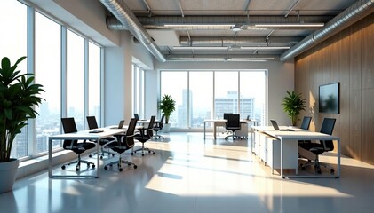 Modern office interior with large windows and minimalist furniture, ideal for corporate settings , aesthetic, furniture