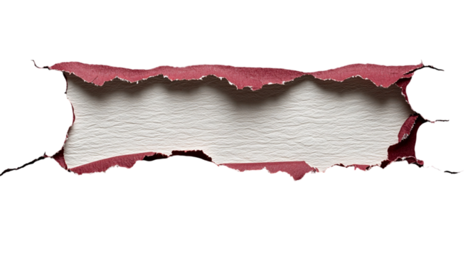 Png of Torn paper with a red edge revealing a smooth, beige interior, creating a dramatic contrast.