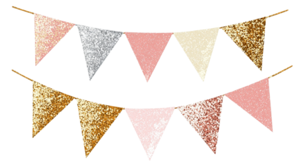 Png of A festive garland featuring pink, gold, and silver glittered flags, perfect for celebrations and party decorations.