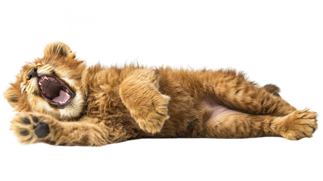 Adorable Lion Cub Yawning Wildly in a PNG transparent background Image