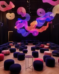 Modern lounge interior with colorful abstract hanging art installation and comfortable seating in a stylish venue