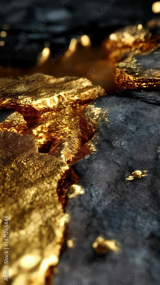 Aufkleber captivating golden texture flowing across dark rocks, glistening with luminous bokeh, creating a lux