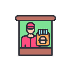 Illustrated food vendor offering take out service inside the store building