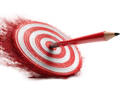 Target practice pencil hitting red bullseye studio abstract view. Isolated on transparent background, png.