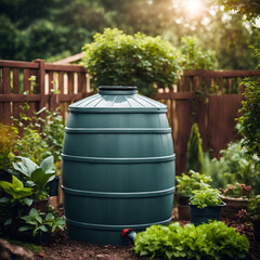 Obraz premium Rain barrel collecting water in a backyard garden